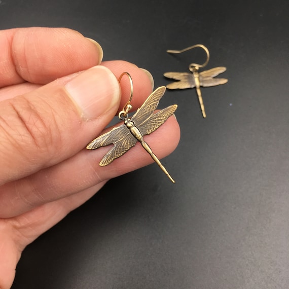 Brass and Gold Dragonfly Dangle Insect Earrings Perfect Gift for