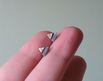 Copper Brass and Sterling Silver, Tiny Triangle, Mixed Metal Stud Earrings