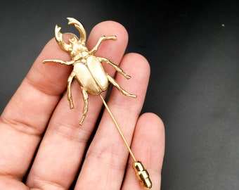 Gold Insect Stag Beetle Stick Pin -- Antique Style Stickpin for Lapel or Scarf -- Perfect Gift for Groom or Groomsmen