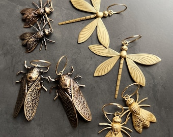 Insect Charm Hoop Earrings with Gold Filled Hoops and Option of Brass Flies, Cicadas, or Dragonflies in a Bright Gold or Antiqued Finish!