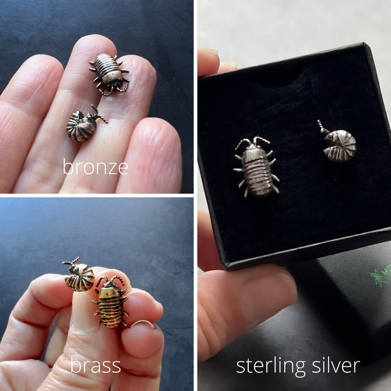 Mismatched Handmade Sterling Silver Isopod Stud Earrings Also Available in Bronze and Brass Perfect Pillbug, Doodlebug, Roly Poly Gift image 2