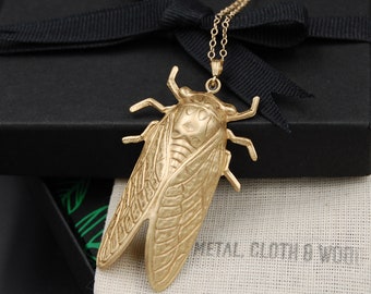 Cicada Pendant with Gold Filled Necklace and Golden Brass Cicada Charm -- Perfect for Brood X! Bright Gold or Antiqued Finish Available