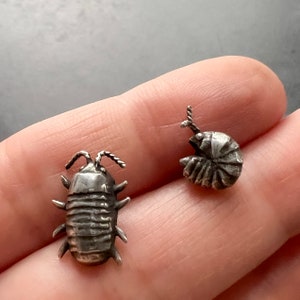 Mismatched Handmade Sterling Silver Isopod Stud Earrings — Also Available in Bronze and Brass — Perfect Pillbug, Doodlebug, Roly Poly Gift!