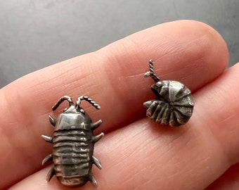 Mismatched Handmade Sterling Silver Isopod Stud Earrings — Also Available in Bronze and Brass — Perfect Pillbug, Doodlebug, Roly Poly Gift!