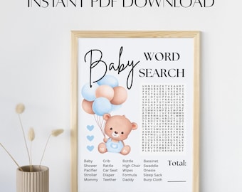 Recherche de mots pour baby shower ours en peluche - bleu et brun (PDF imprimable)