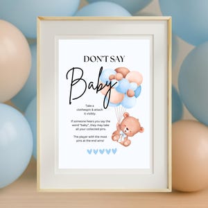 Letrero "No digas bebé" - Actividad imprimible para baby shower con osito de peluche azul y beige, decoración para fiesta de niño, descarga instantánea en PDF (21,6 x 28 cm)