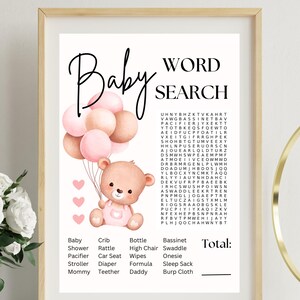 Baby Shower Word Search Game Printout – Pink &amp; Beige Teddy Bear Girl ...