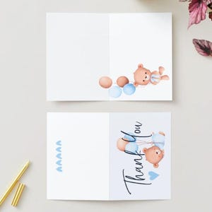 Carte de remerciement, thème baby shower ours en peluche bleu et beige, conception de carte pliable 5 x 7, fichier de téléchargement numérique au format PDF imprimable