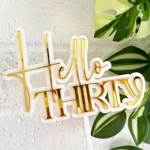 May include: A gold and white cake topper reading "Hello THIRTY". The words are in a gold metallic font, with a white outline. The topper is on a white stick, set against a white brick wall and green leaves.