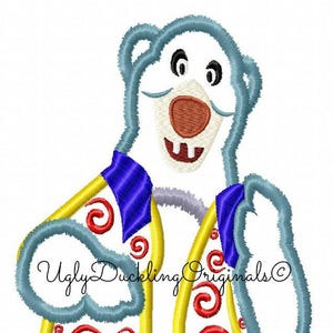 May include: Embroidered design of a white polar bear wearing a blue and yellow jacket with red and yellow swirls. The text "Ugly Duckling Originals" is visible in the lower center of the design.