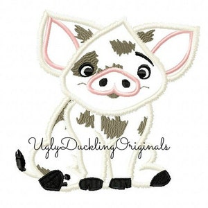 May include: A white pig with brown spots, pink ears, and black hooves. The pig is sitting with its front legs crossed and its back legs straight. The pig has a friendly expression on its face.