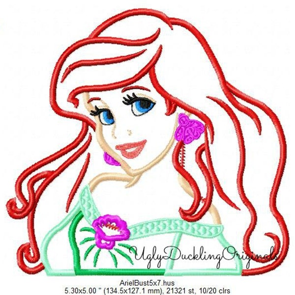 Ariel Applique Design Mermaid Princess Machine Embroidery Digital Download