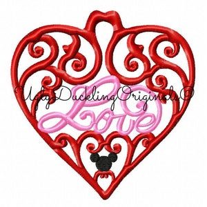 Hidden Mickey Swirl Heart Valentine Applikation Design Original Kunstwerk von UDOAppliques™ Maschinenstickerei Mickey Valentine Micky Applikation