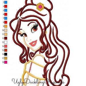 May include: Embroidered design of a cartoon woman with long brown hair, wearing a gold and red dress. The design is 4.42 inches wide by 7.01 inches tall and has 21,080 stitches.