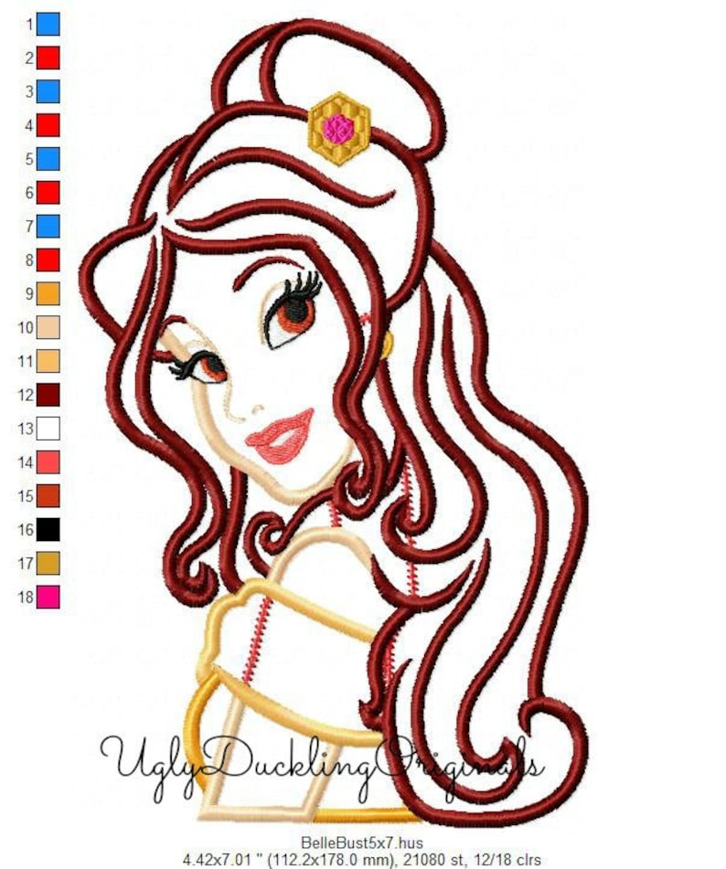 May include: Embroidered design of a cartoon woman with long brown hair, wearing a gold and red dress. The design is 4.42 inches wide by 7.01 inches tall and has 21,080 stitches.