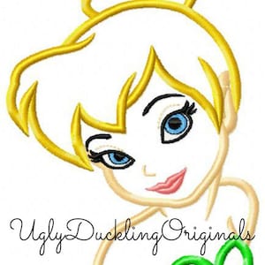 May include: A cartoon illustration of Tinkerbell, a fairy with blonde hair, blue eyes, and a green dress. The image is in a simple, cartoon style and is suitable for embroidery.