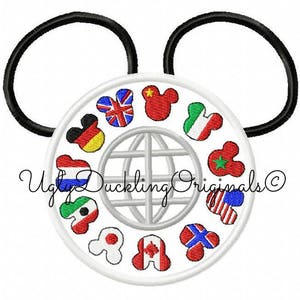 May include: White Mickey Mouse ears with a globe in the centre surrounded by flags from different countries. The text "Ugly Duckling Originals ©" is at the bottom.