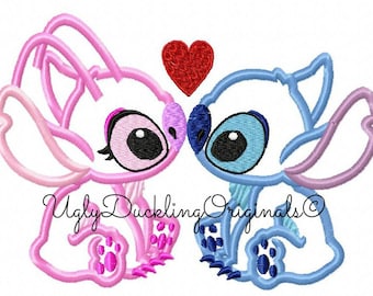 Lilo Stitch Angel Valentine Apliques Diseño Obra Original UDOAppliques Máquina Bordado Puntada Apliques Angel Apliques Valentine Stitch