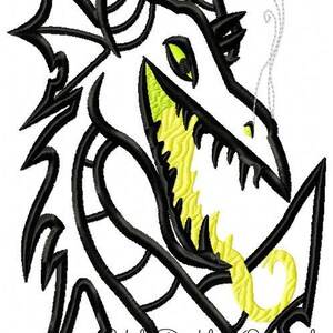 May include: Black and yellow embroidered design of a dragon's head with smoke coming out of its nostrils. The dragon has sharp teeth and a fierce expression. "Ugly Duckling Originals" is written in black at the bottom of the design.