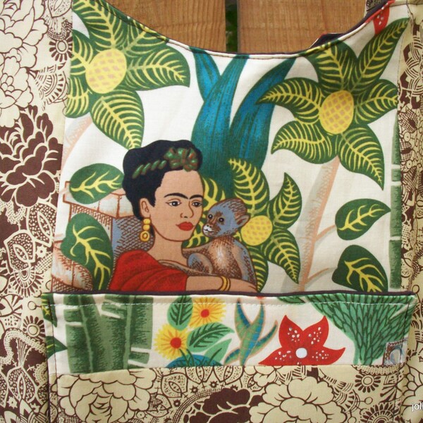 Frida in the Pocket of a Paneled Tote Laptop Craft Book Bag with Pockets