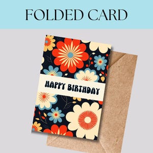 Cartão de felicitações retrô, para impressão, exclusivo, download instantâneo digital, cartão dobrado, flores, descolado, vintage, nostálgico, especial, pessoal, RETRO