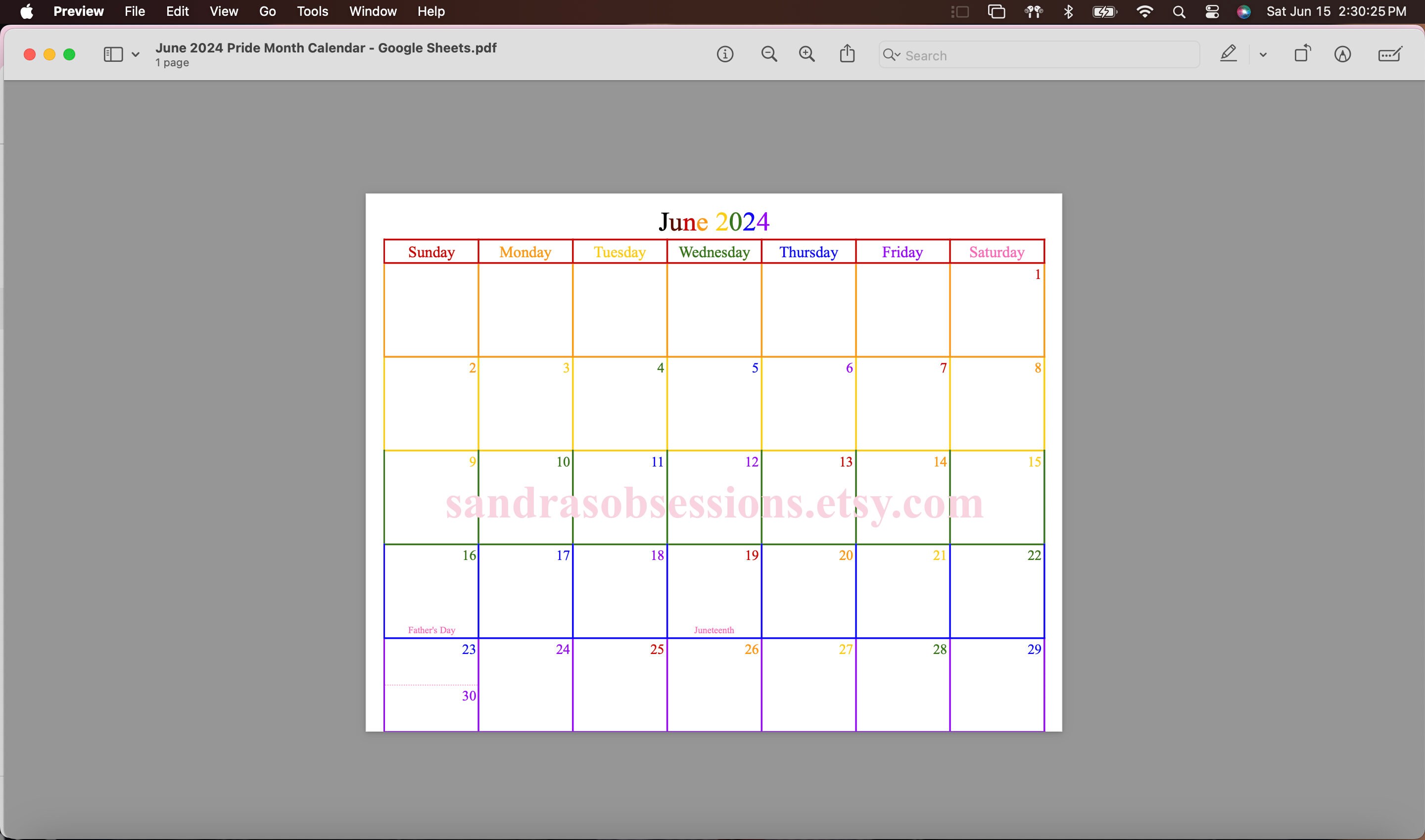 Spreadsheet Pdf Printable June 2024 Calendar In Pride Theme Etsy