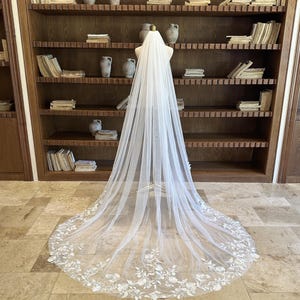 Elegant Lace Flower Bridal Veil with Sheer Sequins. Ivory Soft Tulle Cathedral Veil. Exquisite Floral Lace Wedding Veil. Peony Flower Veil.