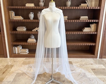 Vintage Lace Floral Bridal Cape with Long Train. Elegant High Neck Lace Wedding Cape. Handmade Soft Tulle Cloak. Custom Outdoor Wedding Cape