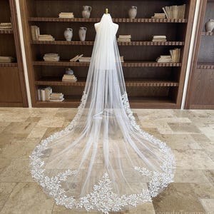 Puede incluir: Un velo de novia blanco largo con un delicado ribete de encaje floral. El velo se exhibe en un maniquí, mostrando su longitud y su intrincado diseño. El ribete de encaje presenta un patrón de hojas repetido.