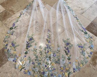 Fairy Embroidery Blue Lila Flower Bridal Cape. V Shaped Lace Trim Cape Veil. V Back Wildflower Wedding Cape. Custom Floral Shoulder Veil.