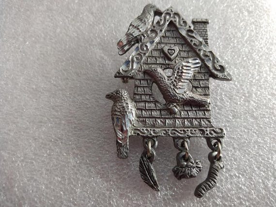 Spoontiques 1980s-era pewter birdhouse brooch