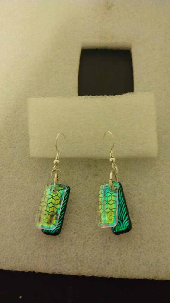 Rectangular green dichroic glass dangle earrings - image 1