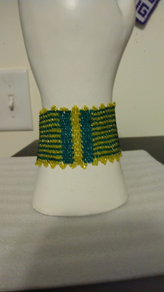 Handmade yellow and teal beaded button bracelet - image 1