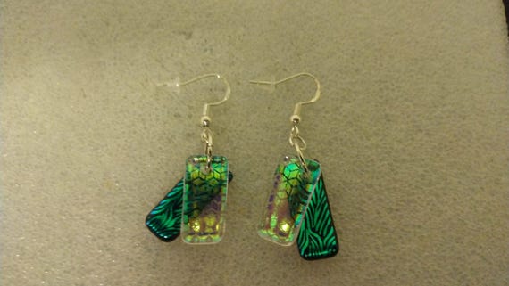 Rectangular green dichroic glass dangle earrings - image 2