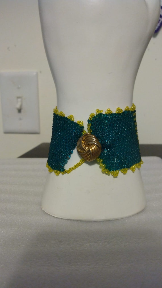 Handmade yellow and teal beaded button bracelet - image 2