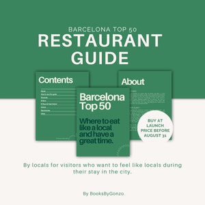 Peut inclure: Un design graphique vert et blanc pour un guide de restaurants à Barcelone, en Espagne. Le guide est intitulé "Barcelona Top 50" et présente le texte "Où manger comme un local et passer un bon moment". Le guide comprend également une section intitulée "Contents" et une section intitulée "About".