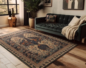 Raven Rug For Goth Room Decor, Vintage Look Crow In Flowers Rug, Dark Academia Home Decor, Maximalist Rug For Witchy Room Decor, Vintage Rug