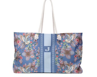 Monogrammed Blue Bird Chinoiserie Mahjong Tote Bag, Personalized Mahjong Gift, Maj Carry-All Travel Duffel