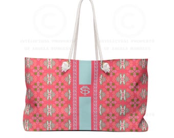 Monogrammed Chinoiserie Mahjong Tote Bag: Colony Coral, Personalized Mahjong Gift, Maj Carry-All Travel Duffel