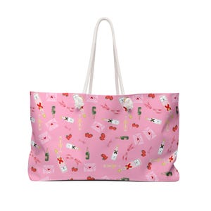 Rosa Champagner Strandtasche, große Weekender-Schultertasche für Bachelorette, Braut, Lehrer, Herz, Schleife, Erdbeere, Liebesbrief-Design,
