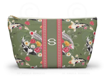 Monogrammed Mahjong Tile Bag: Green Koi Pond Chinoiserie Travel Pouch, Small and Large