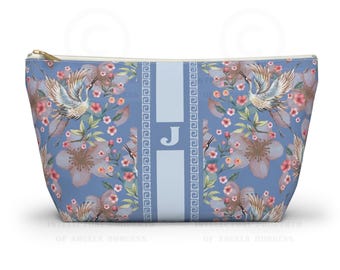 Monogrammed Mahjong Tile Bag: Blue Bird of Paradise Chinoiserie Travel Pouch, Small and Large