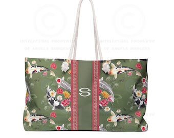 Monogrammed Green Koi Pond Chinoiserie Mahjong Tote Bag, Personalized Mahjong Gift, Maj Carry-All Travel Duffel