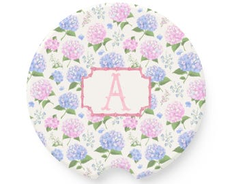 Monogram Pink and Blue Hydrangea Car Coasters: Personalized Sandstone Auto Accessories, 16th Birthday