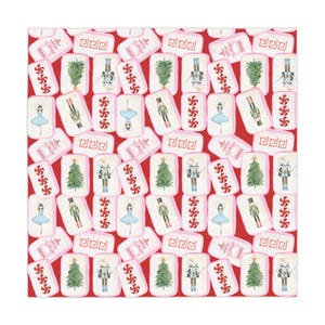 Christmas MAHJONG Tiles Tablecloth, Size 55 x 55, Nutcracker Theme, Hostess Gift, Mahj Prize, Red Holiday Table Cover with Christmas Trees