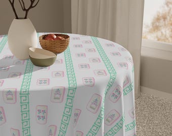 Watercolor Mahjong Tiles Tablecloth, Green Bamboo Game Night Hostess Gift 55x55, Palm Beach Vibe, Mahj Table Cover