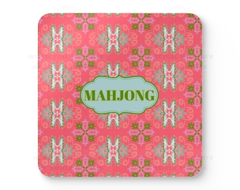Mahjong Corkwood Coaster Set, Colony Coral, Hostess Gift, Chinoiserie, Ladies who Mahj, Ladies Night, Joker, Crack Bam Dot, Lucky Girl