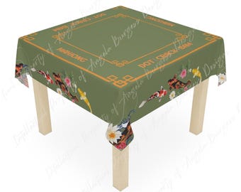 Green MAHJONG Tablecloth Koi Pond, Game Night, Hostess Gift, Green and Orange, Machine Washable, 55 x 55