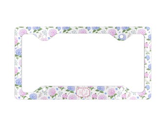 Monogram blauwe en roze hortensia nummerplaatlijst: gepersonaliseerd bloemen autodecor, monogram initialen, 16e verjaardag