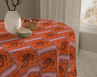 Champagne Cupid Tablecloth, Game Night Essential for Mahjong Bunco, Poker, Galentine's, Holiday Celebration, Orange Pink 55x55 Table Cover